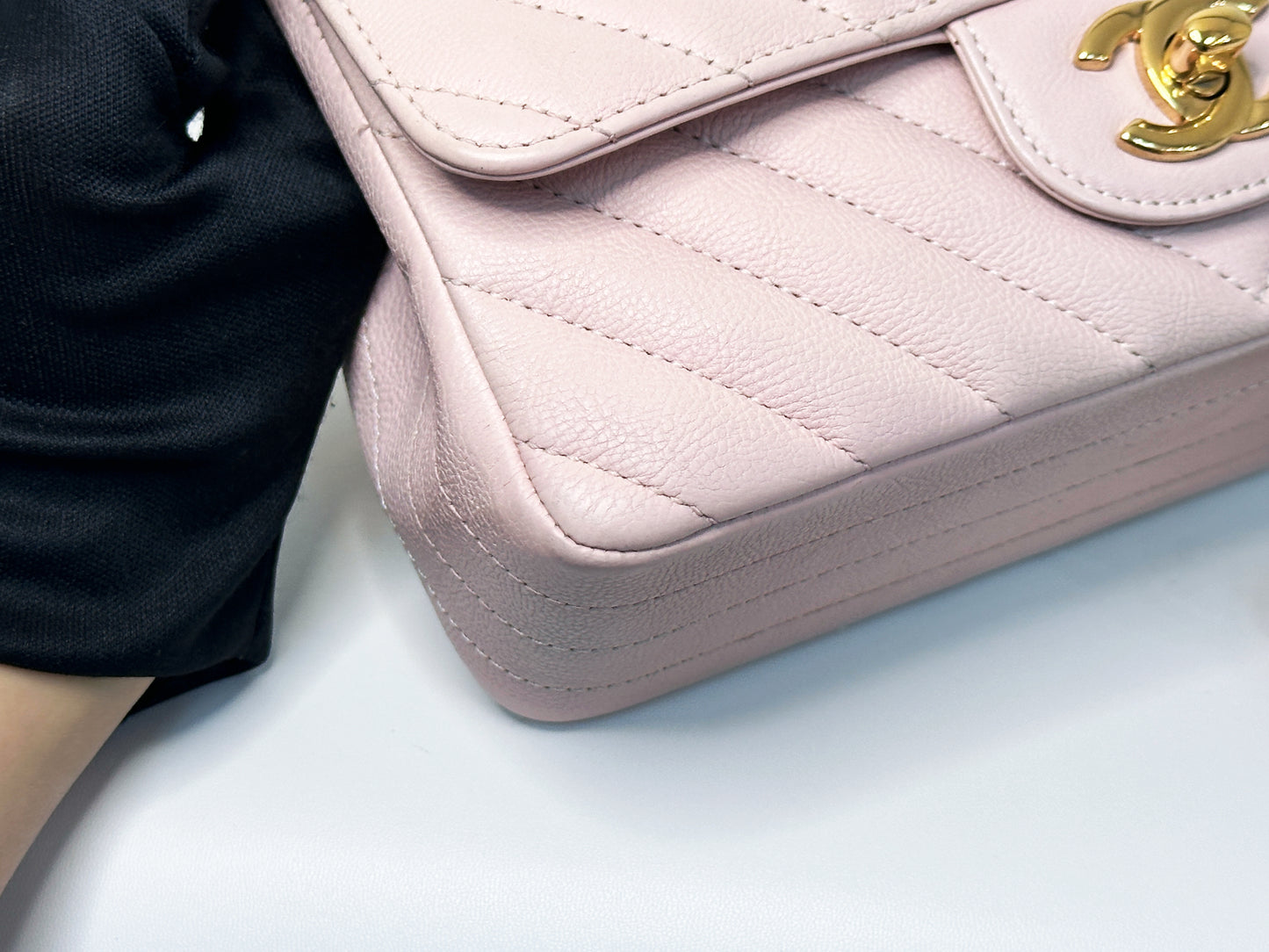 Chanel Classic Mini Rectangular 17C Light Pink Chevron Calfskin with brushed gold hardware 2383 holo card