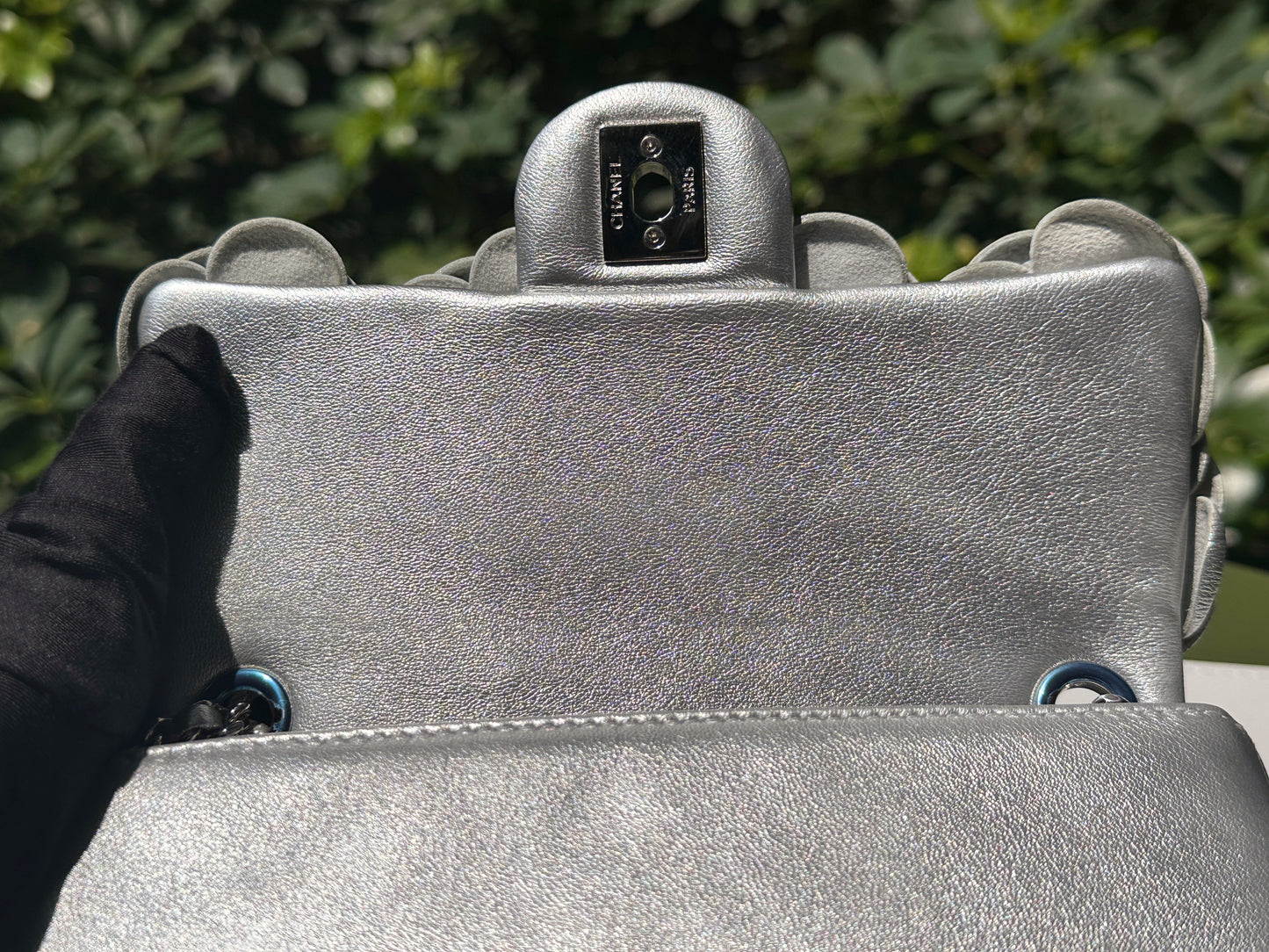 Chanel Mini Camellia Lambskin Shiny Silver SHW 2245 holo