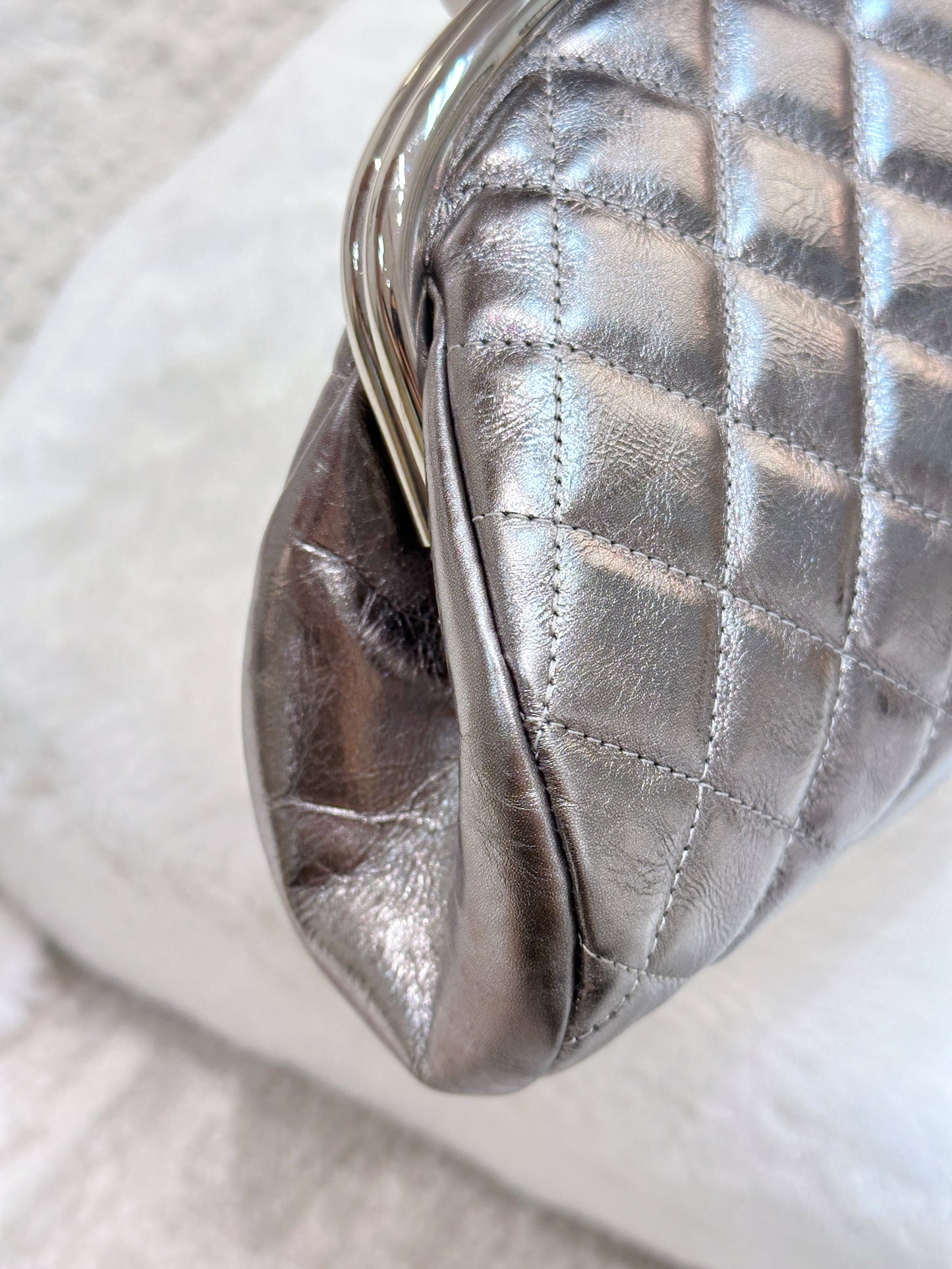 CHANEL Metallic Aged Calfskin Quilted Timeless Clutch Silver