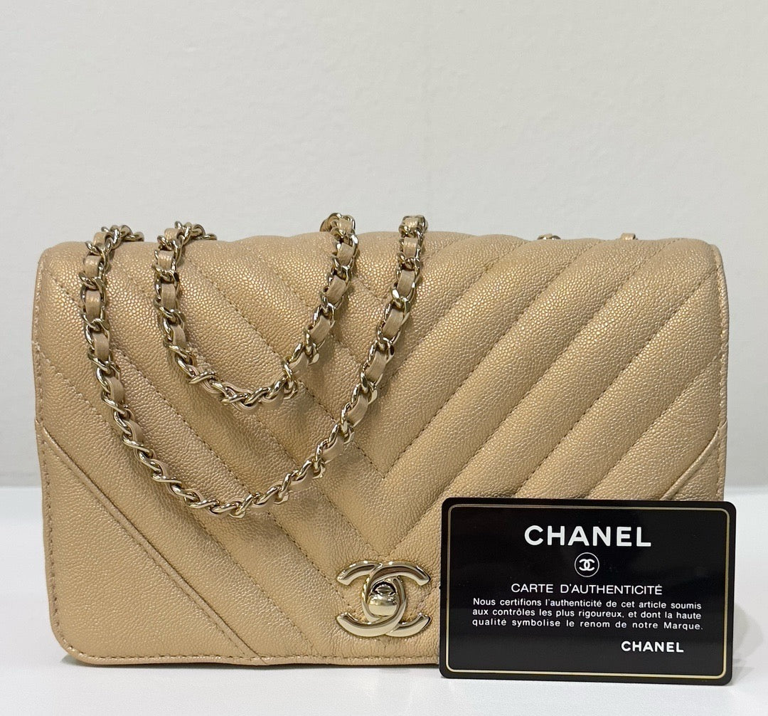 Chanel Mini Statement Metallic Caviar Chevron Quilted Flap Beige LGHW