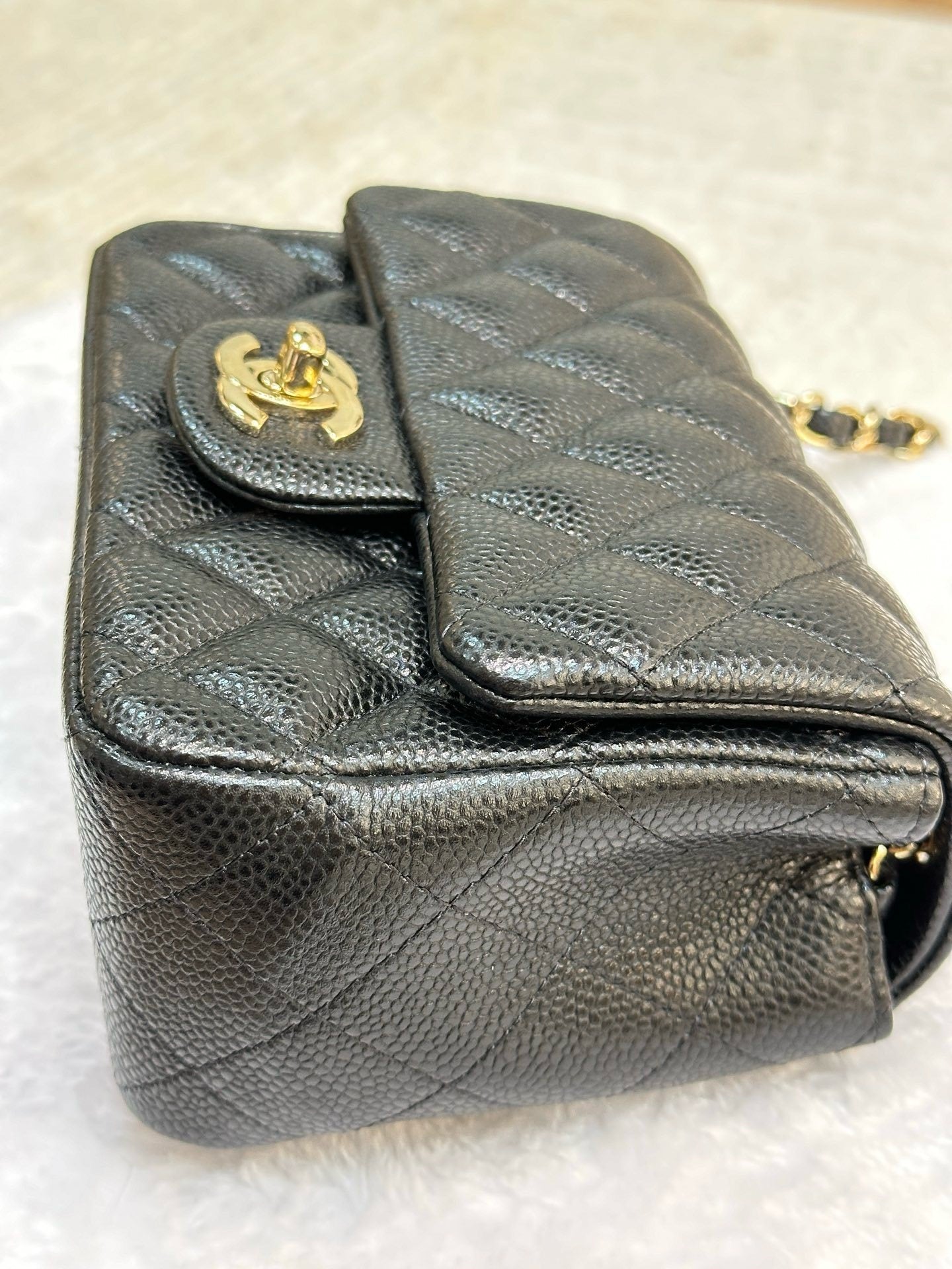 Chanel Mini Square Caviar Flap Bag Black GHW 25 holo card (Chain short than usual)