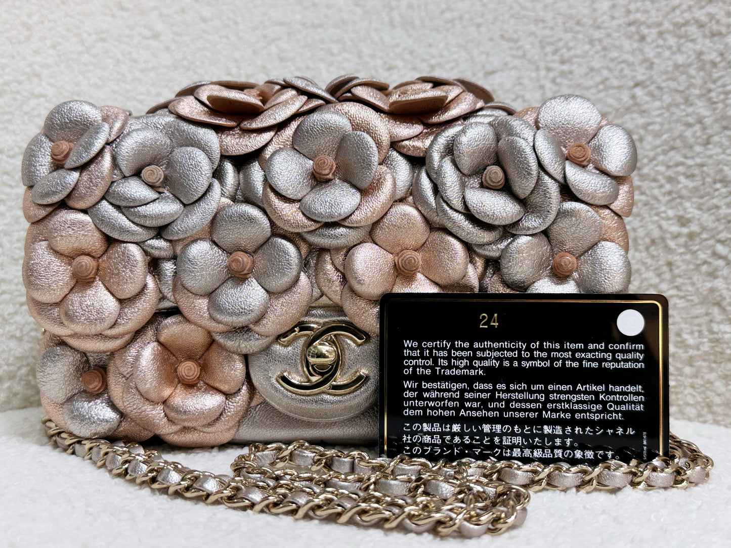 Chanel Camellia Mini Metallic Rose Gold/Pink Lambskin Gold Hardware 2487 holo card