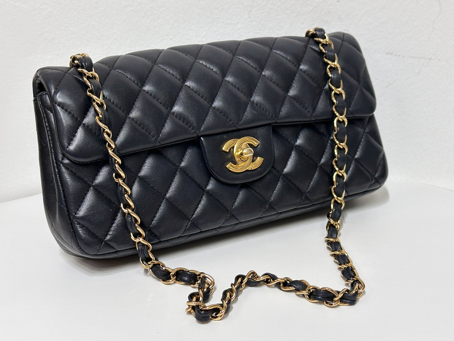 Chanel Lambskin East West Flap Bag Black GHW 1411 holo card