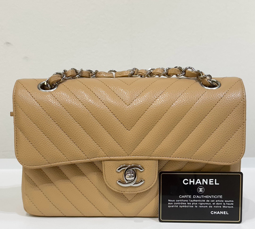 Chanel Small Classic Chevron Calfskin Double Flap Dark Beige SHW 19S 27 Holo card
