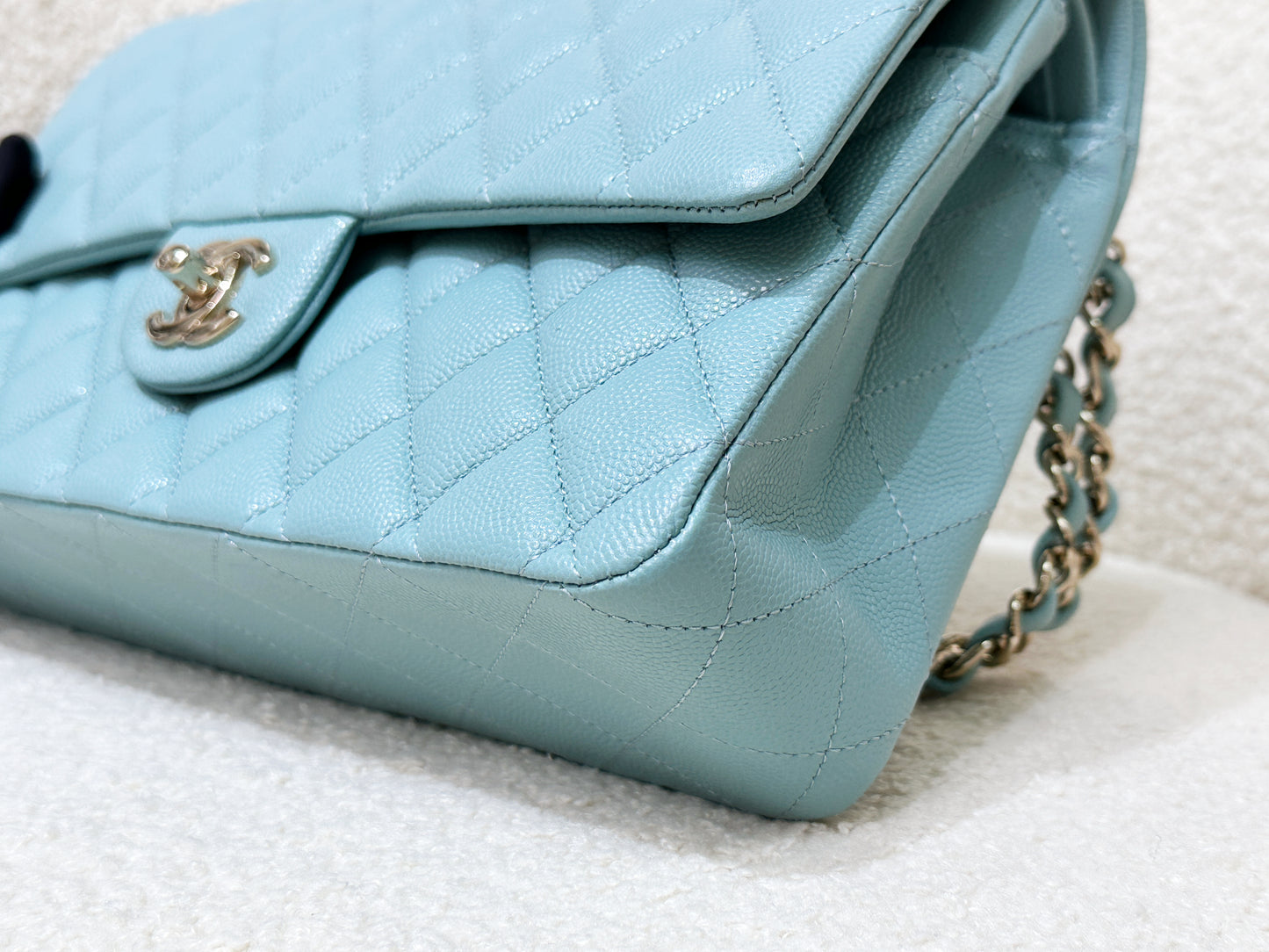 Chanel Classic Flap Medium 20C Tiffany Blue Caviar Light Gold Hardware 294 holo card