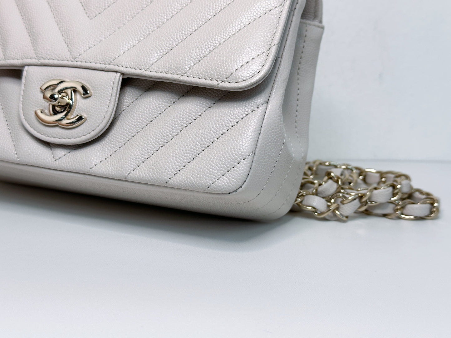 Chanel Mini Rectangle Chevron Blush Hue Light Beige Flap Bag LGHW