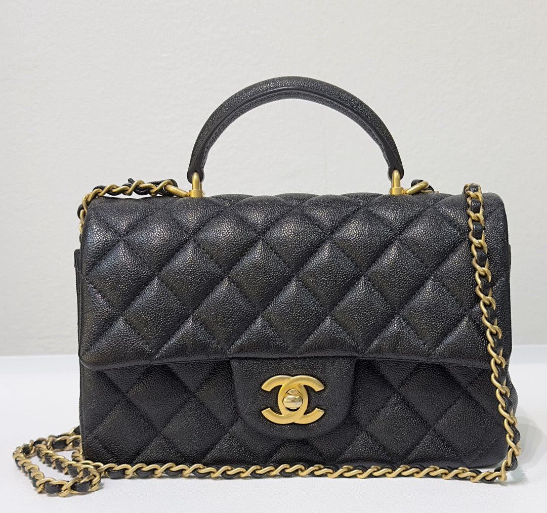 Chanel Mini Rectangular Top Handle Flap Bag Black Caviar Gold