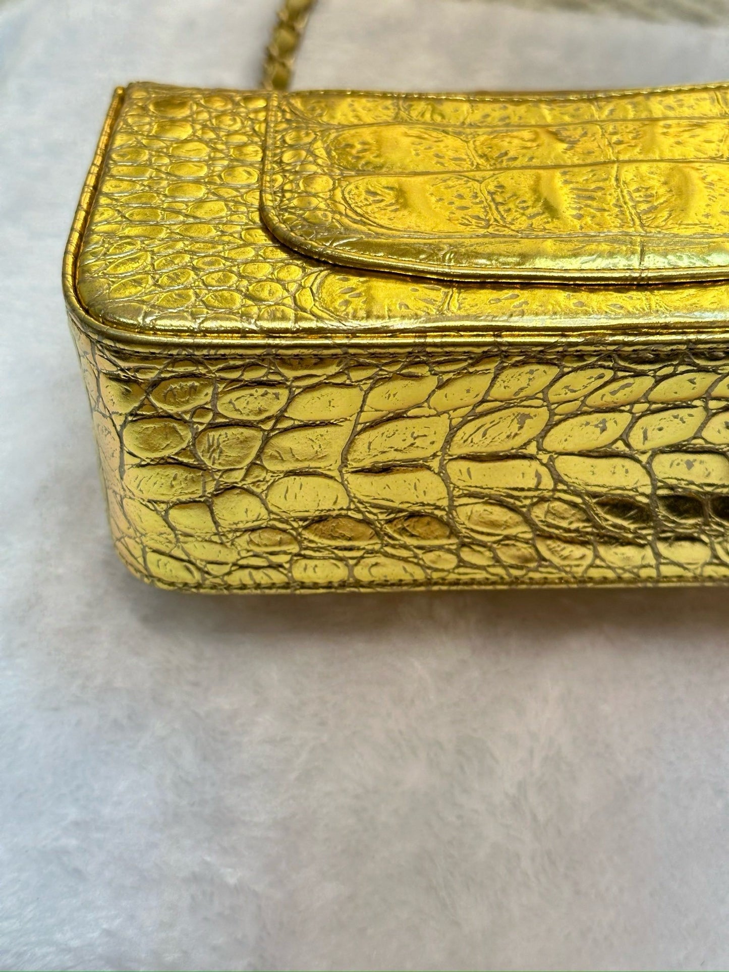 Chanel Mini Calfskin Crocodile Embossed Rectangular Gold Metallic Flap Bag