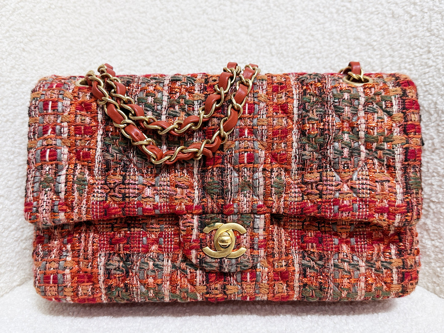 Chanel Tweed Quilted Medium Double Flap Bag Orange Multicolor K9J2 microchip