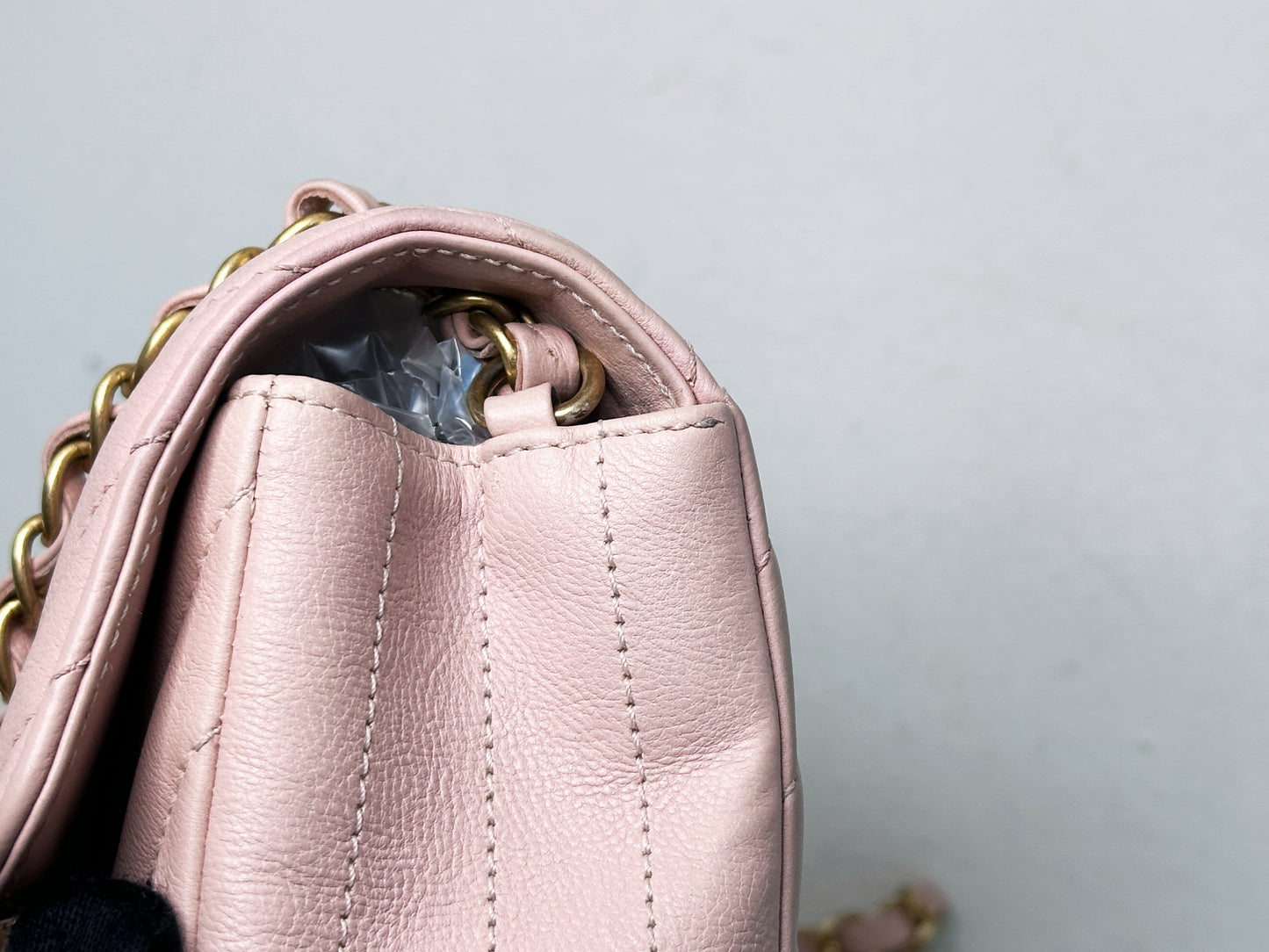Chanel Classic Mini Rectangular 17C Light Pink Chevron Calfskin with brushed gold hardware 2383 holo card