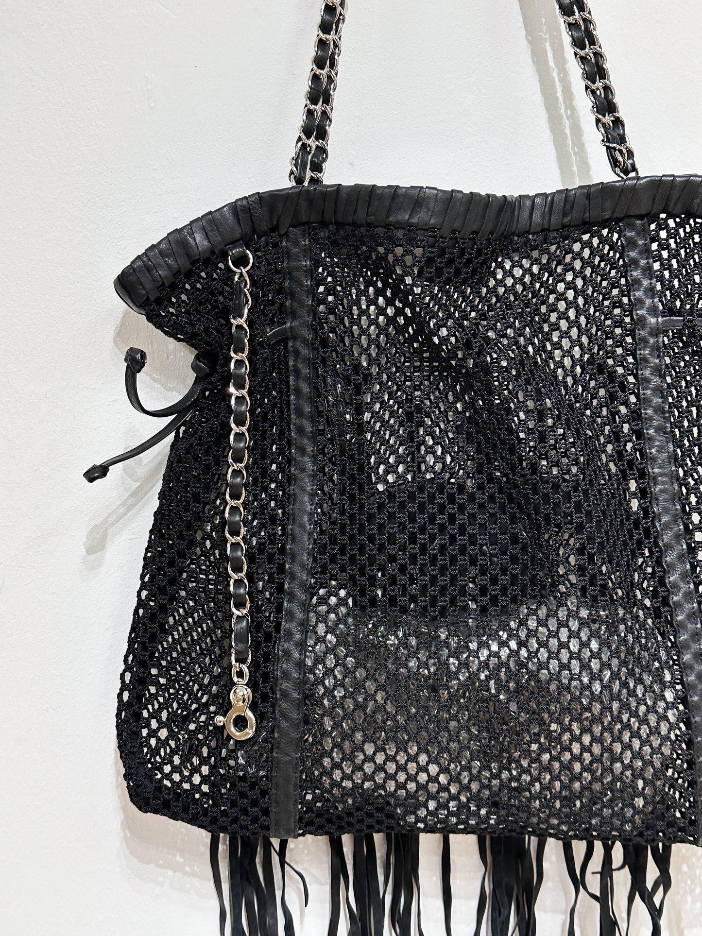 Chanel Limited Edition Resort Black Fringe Mesh Tote Bag 1426 holo
