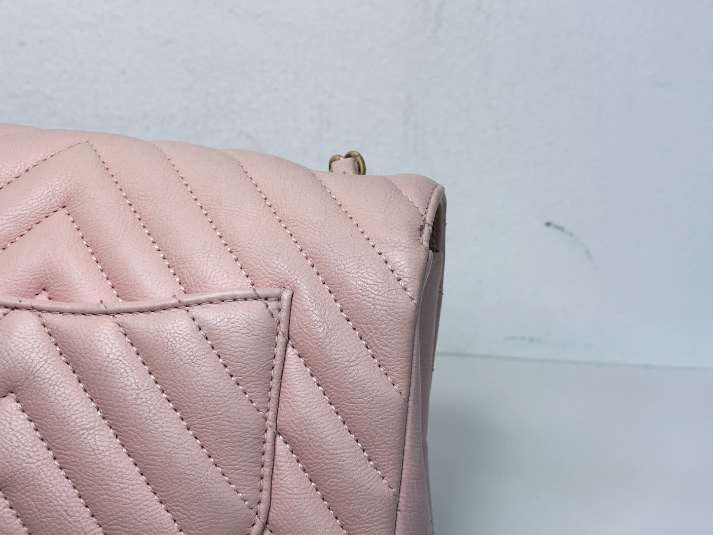 Chanel Classic Mini Rectangular 17C Light Pink Chevron Calfskin with brushed gold hardware 2383 holo card