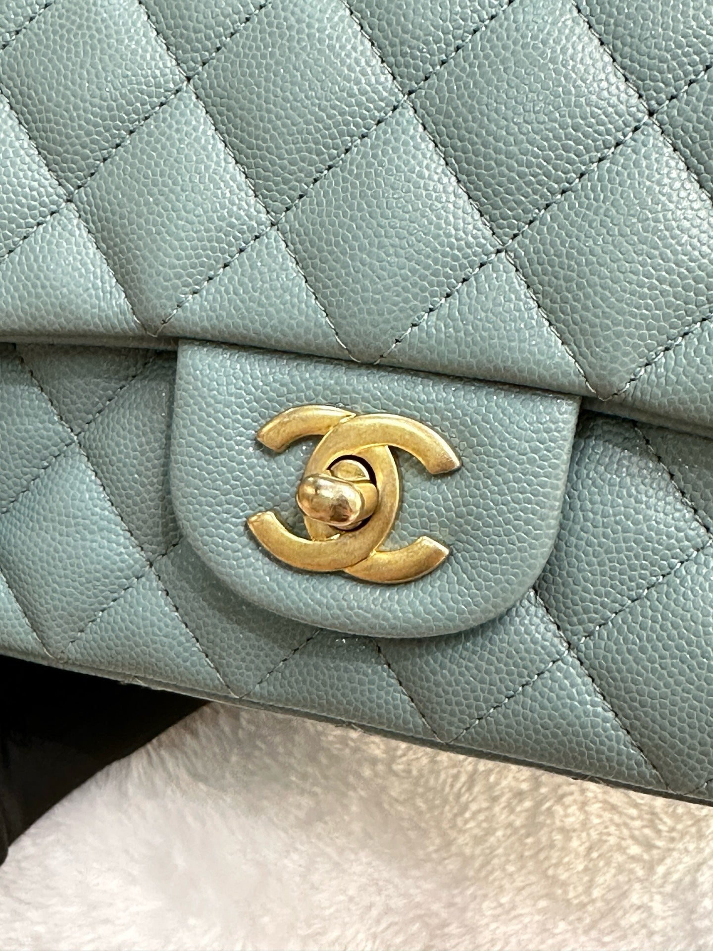 CHANEL Iridescent Caviar Quilted Mini Rectangular Flap Light Blue 18C