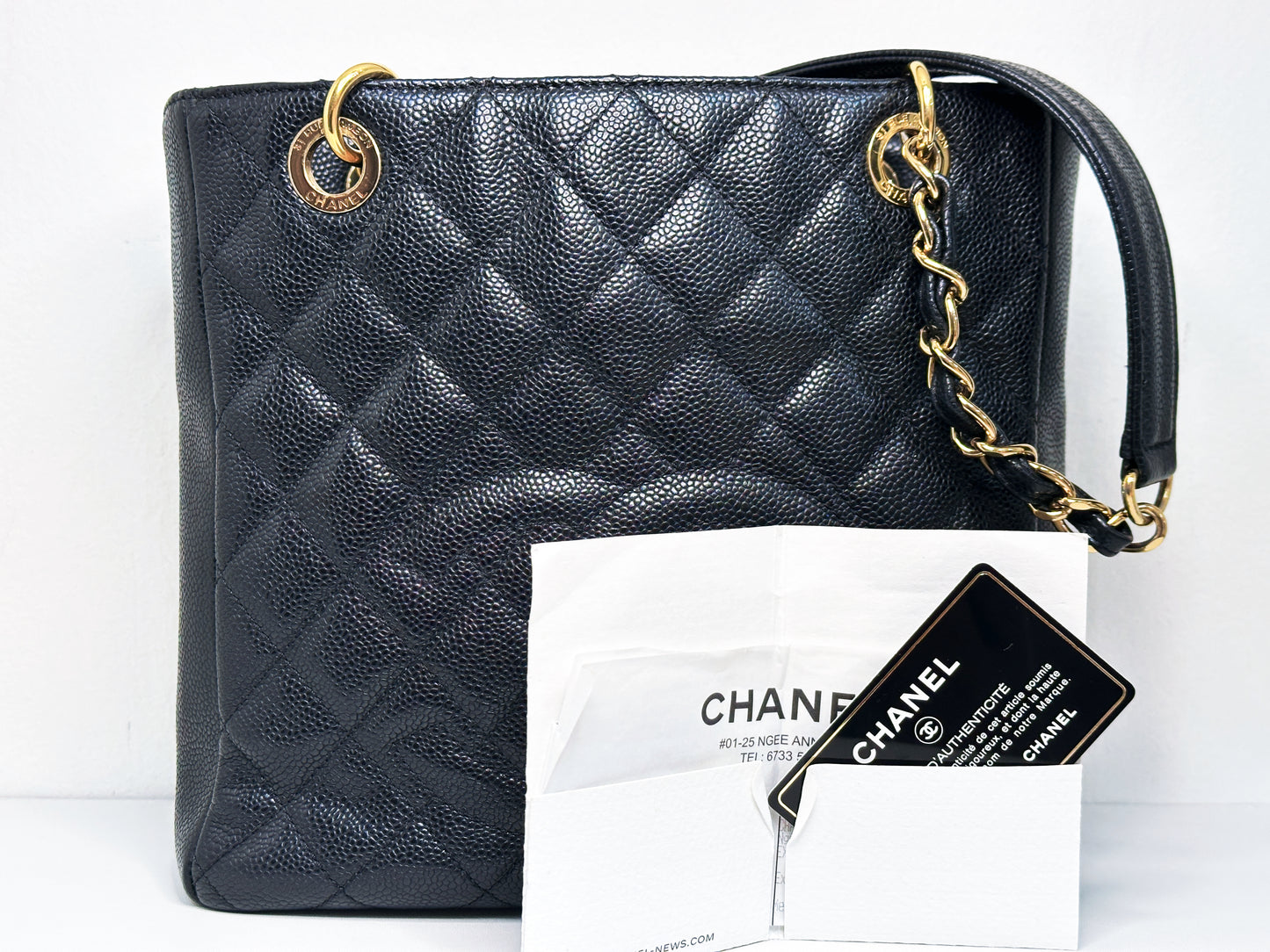 Chanel Caviar Quilted Petit Shopping Tote PST Black 1506 holo card