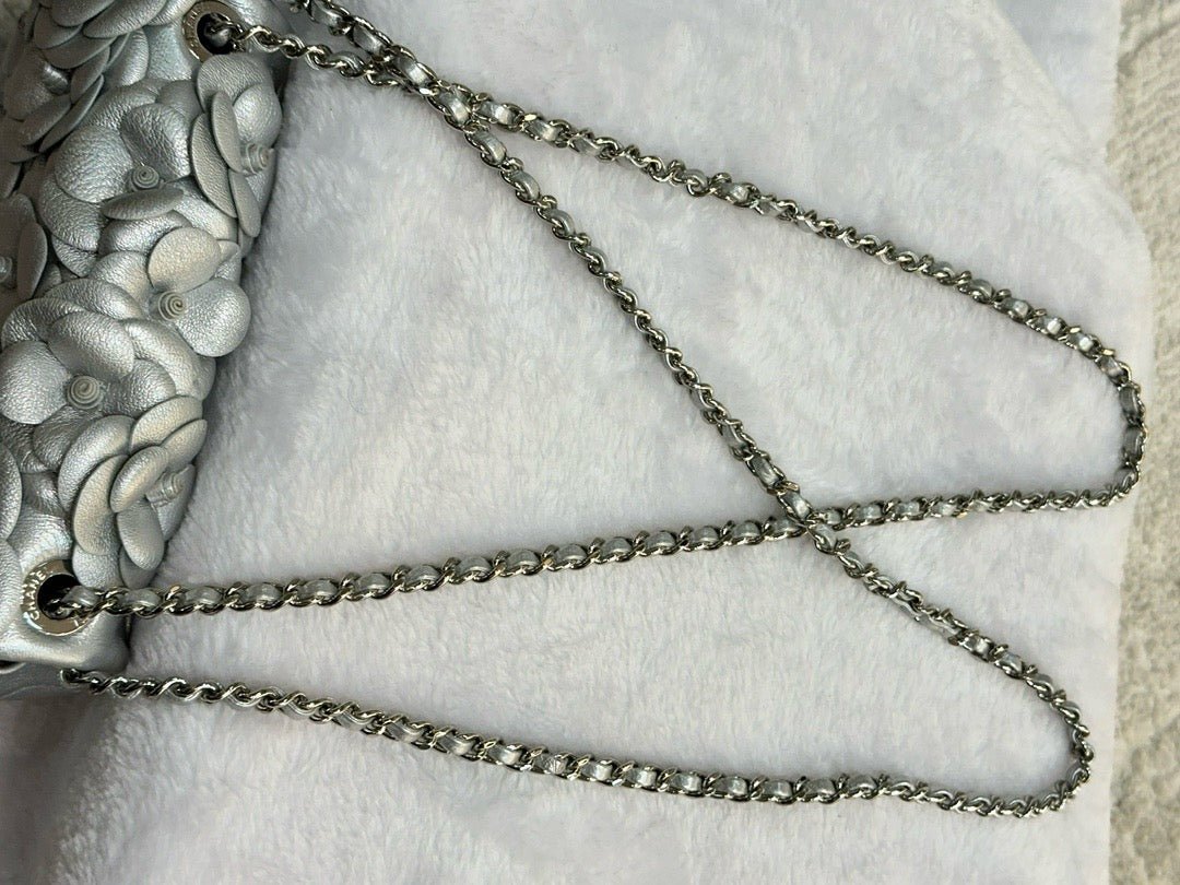 Chanel Mini Camellia Lambskin Shiny Silver