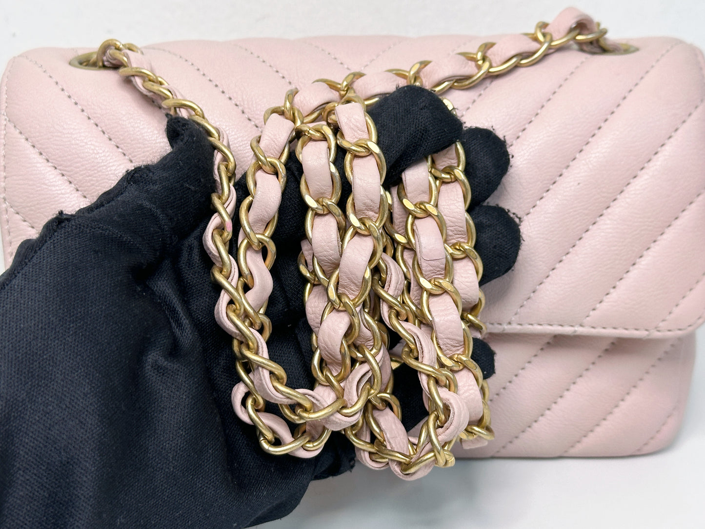 Chanel Classic Mini Rectangular 17C Light Pink Chevron Calfskin with brushed gold hardware 2383 holo card