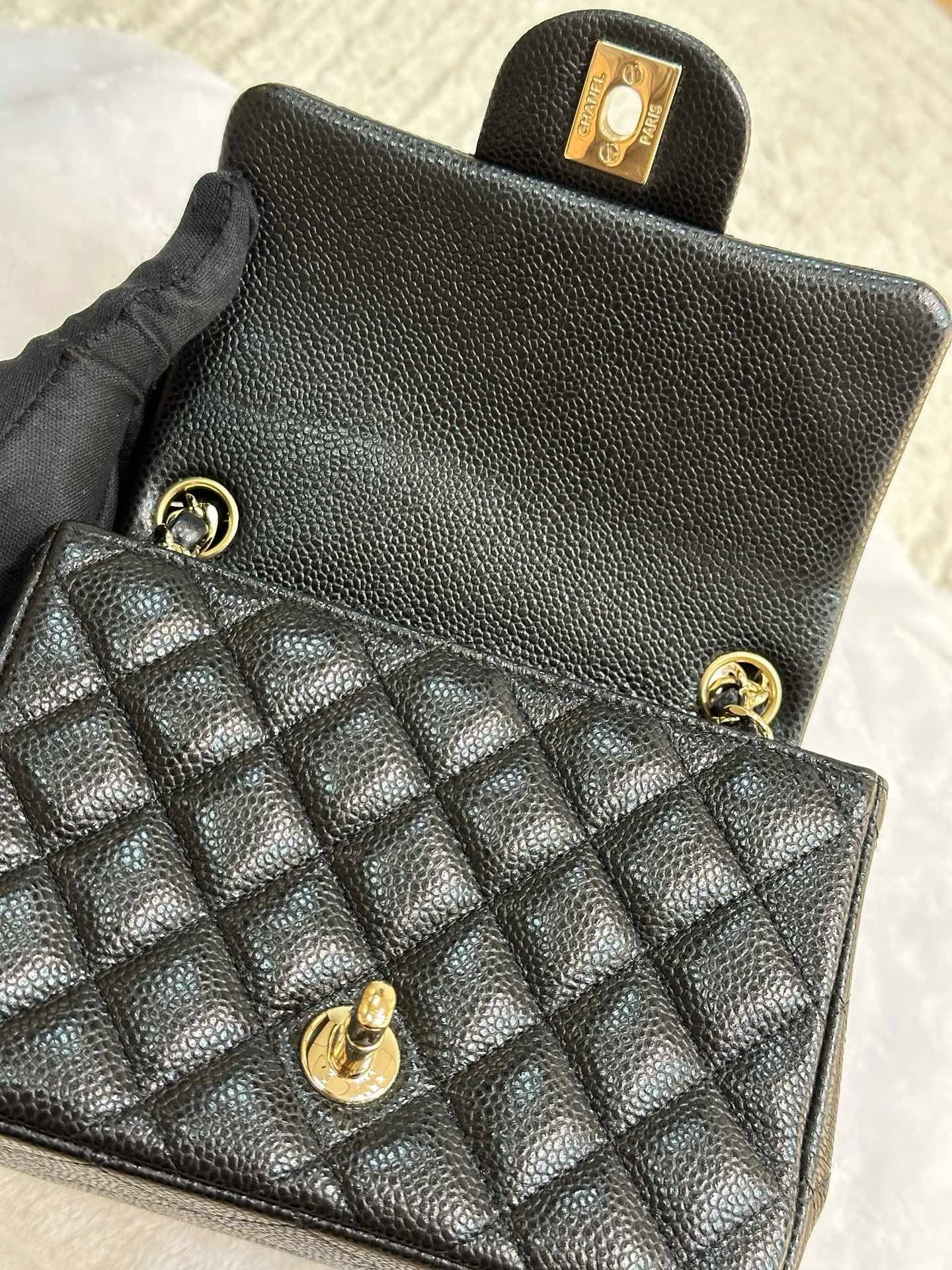 Chanel Mini Square Caviar Flap Bag Black GHW 25 holo card (Chain short than usual)