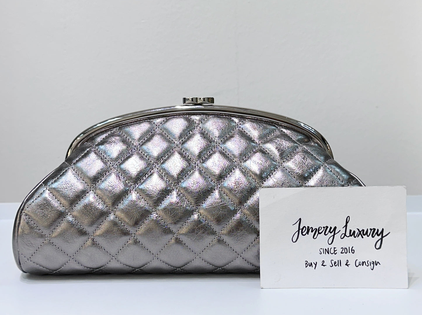 CHANEL Metallic Aged Calfskin Quilted Timeless Clutch Silver
