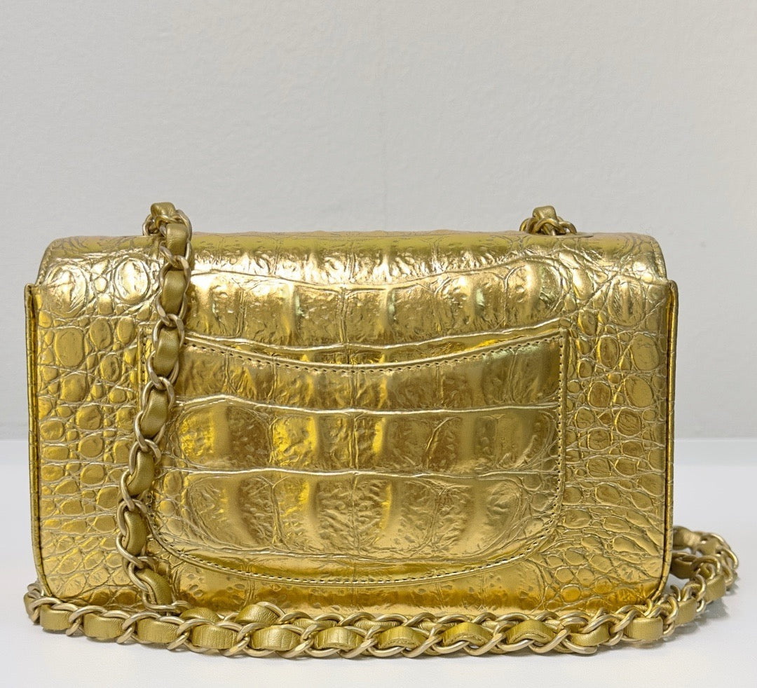 Chanel Mini Calfskin Crocodile Embossed Rectangular Gold Metallic Flap Bag