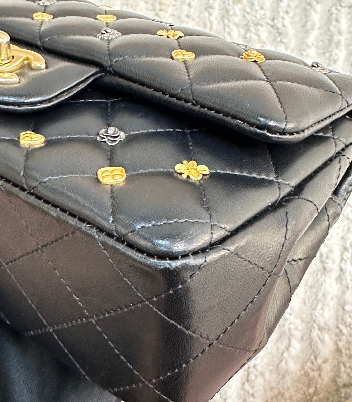 CHANEL Lambskin Quilted Studded Mini Rectangular Flap Black