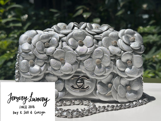 Chanel Mini Camellia Lambskin Shiny Silver SHW 2245 holo