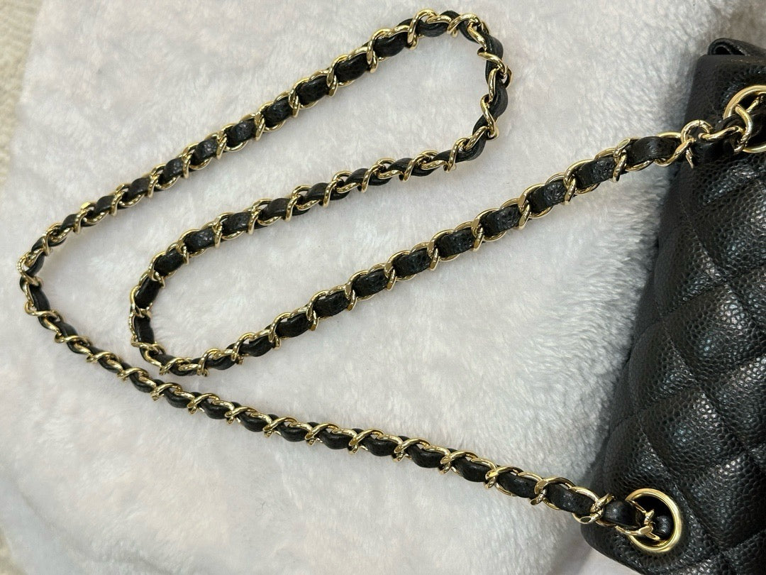 Chanel Mini Square Caviar Flap Bag Black GHW 25 holo card (Chain short than usual)