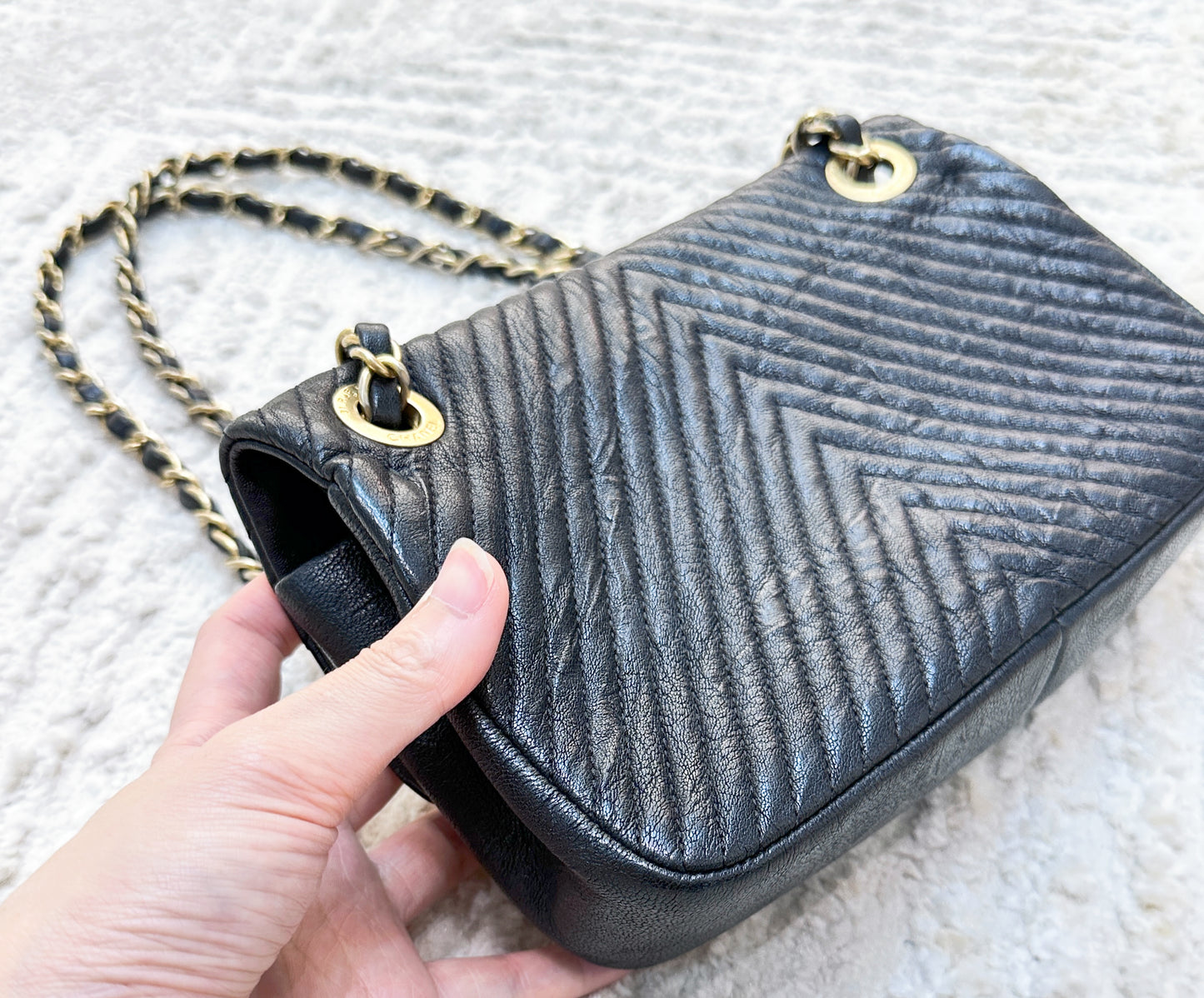 Chanel Black Chevron Leather Small Classic Flap Bag