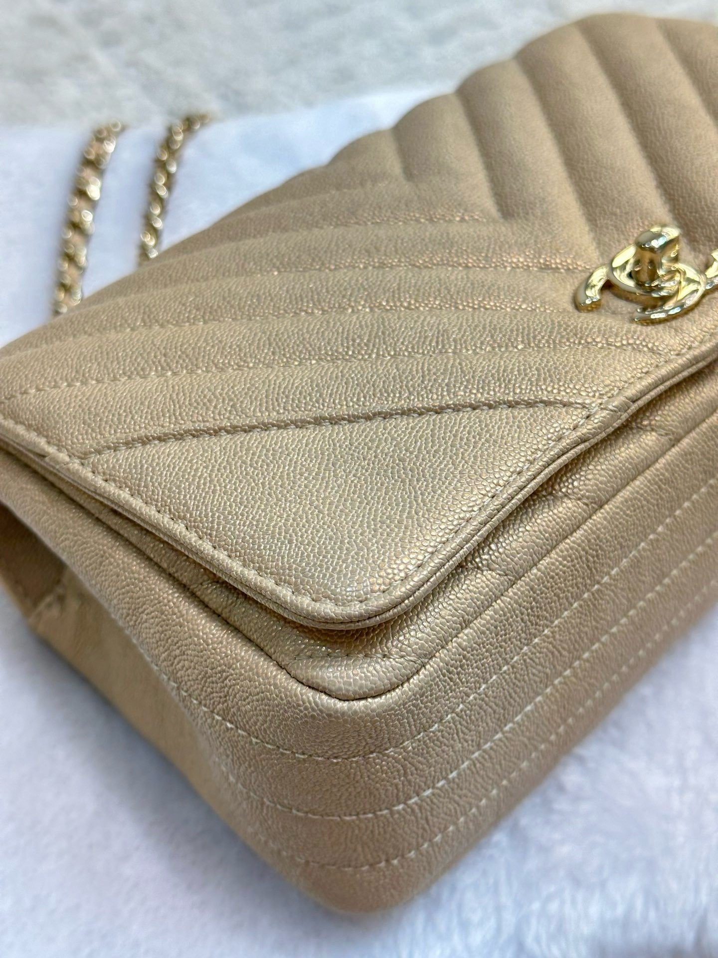 Chanel Mini Statement Metallic Caviar Chevron Quilted Flap Beige LGHW