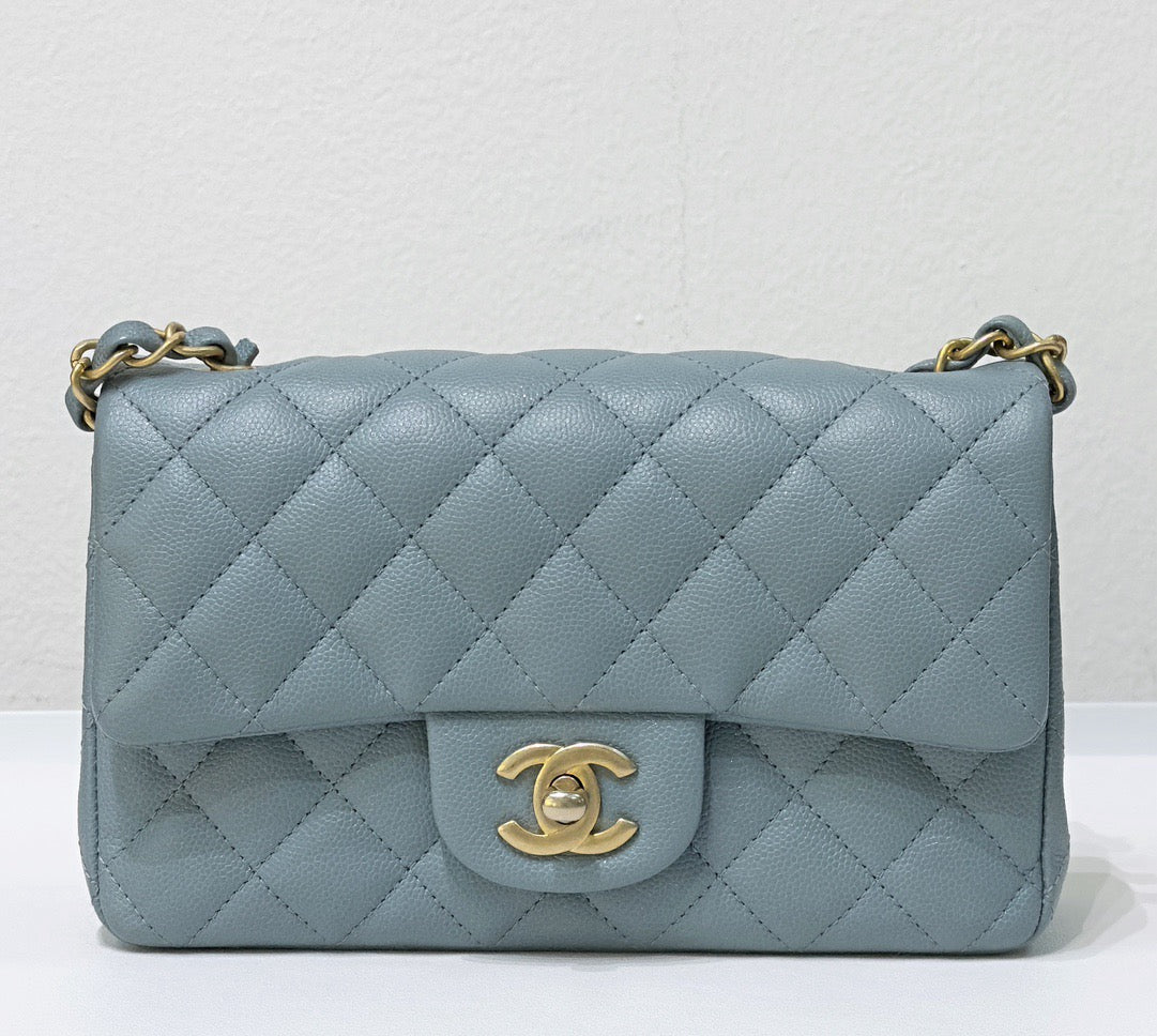 CHANEL Iridescent Caviar Quilted Mini Rectangular Flap Light Blue 18C