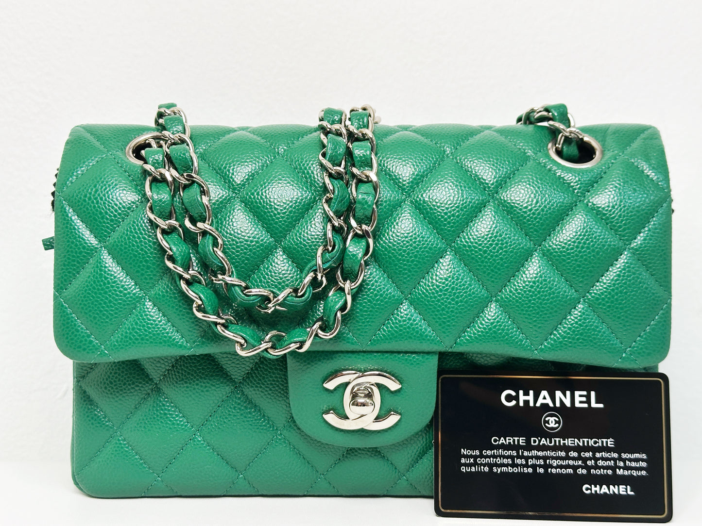 CHANEL 20B Green Classic Small Double Flap Bag SHW 3050 holo card