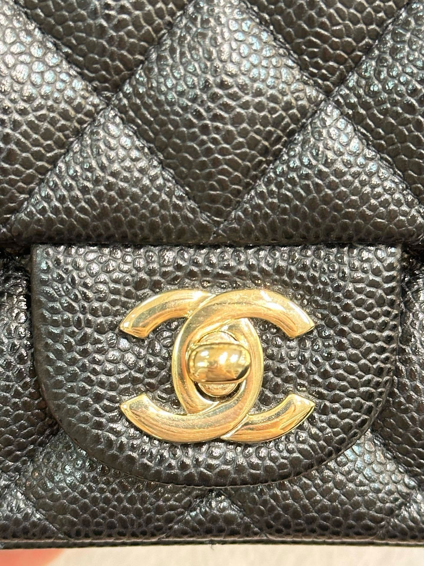 Chanel Mini Square Caviar Flap Bag Black GHW 25 holo card (Chain short than usual)