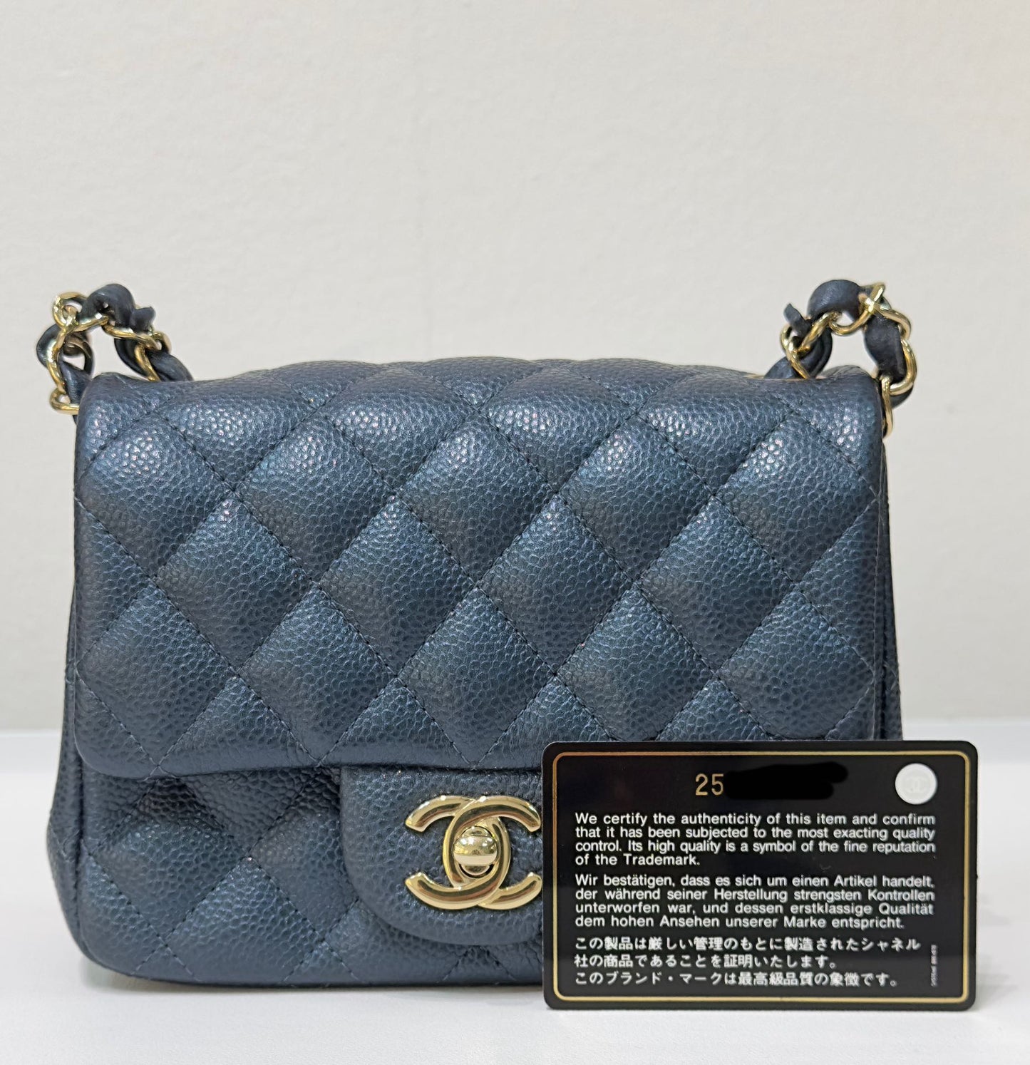 Chanel Mini Square Quilted Caviar Flap Bag Blue GHW 2581 Holo card