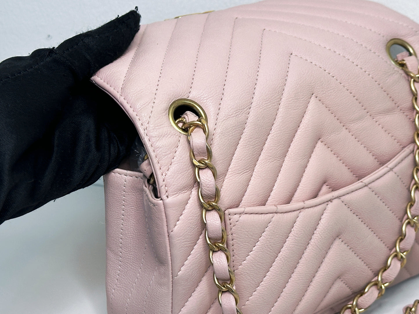 Chanel Classic Mini Rectangular 17C Light Pink Chevron Calfskin with brushed gold hardware 2383 holo card