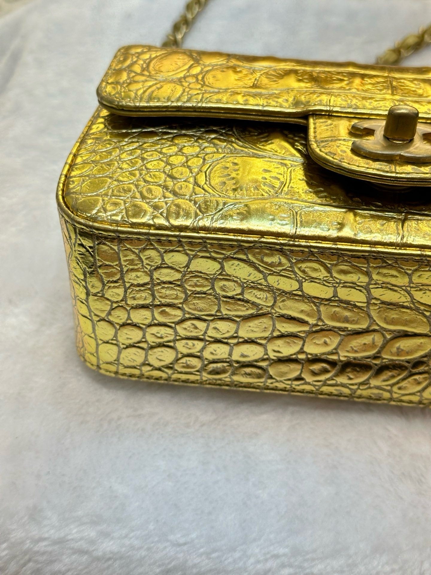 Chanel Mini Calfskin Crocodile Embossed Rectangular Gold Metallic Flap Bag