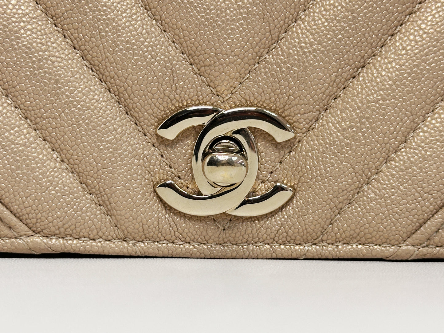 Chanel Mini Statement Metallic Caviar Chevron Quilted Flap Beige LGHW 2835 holo card