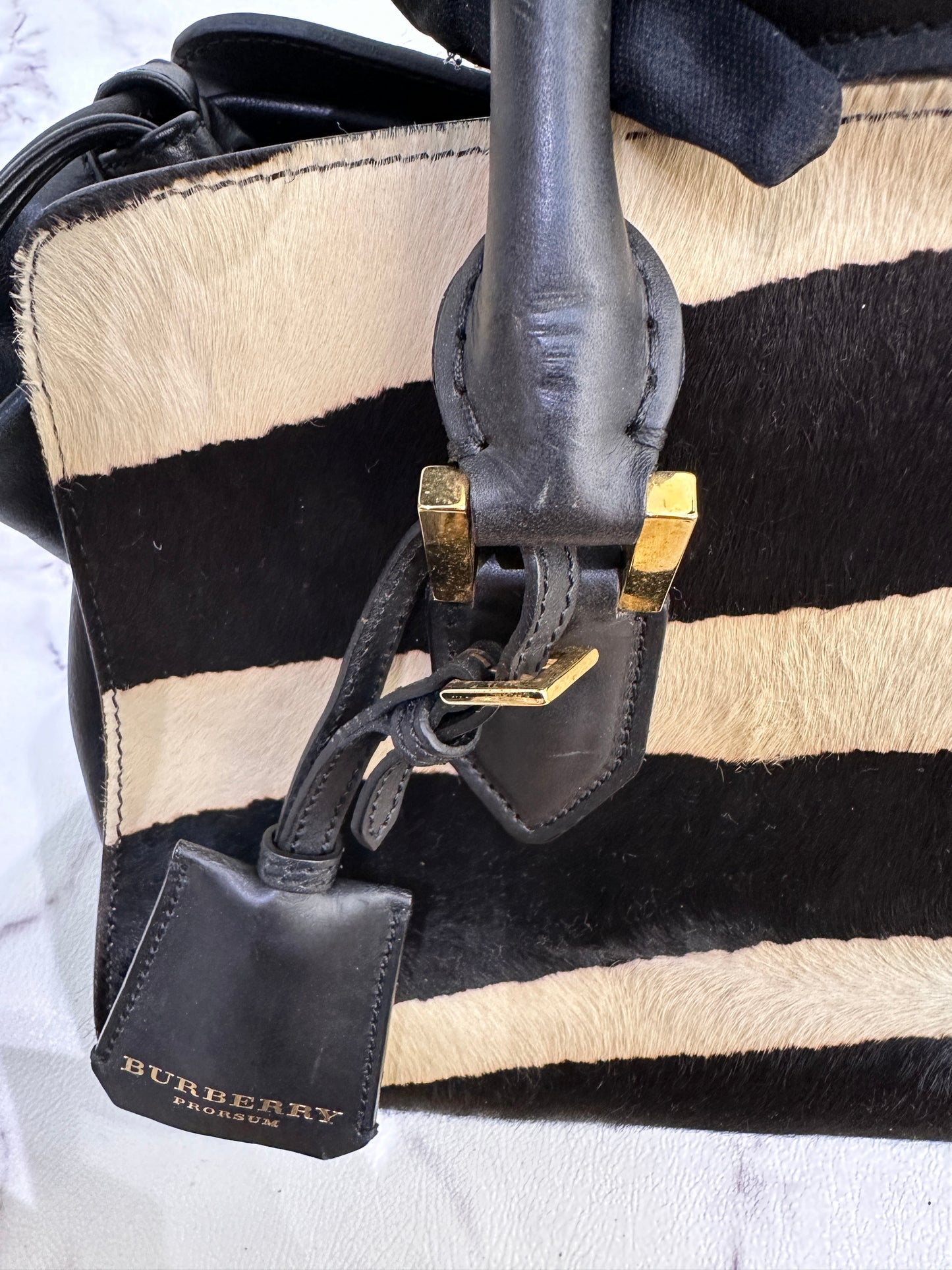 Burberry Black/White Zebra Print Calf Hair And Leather The Crush Drawstring Tote