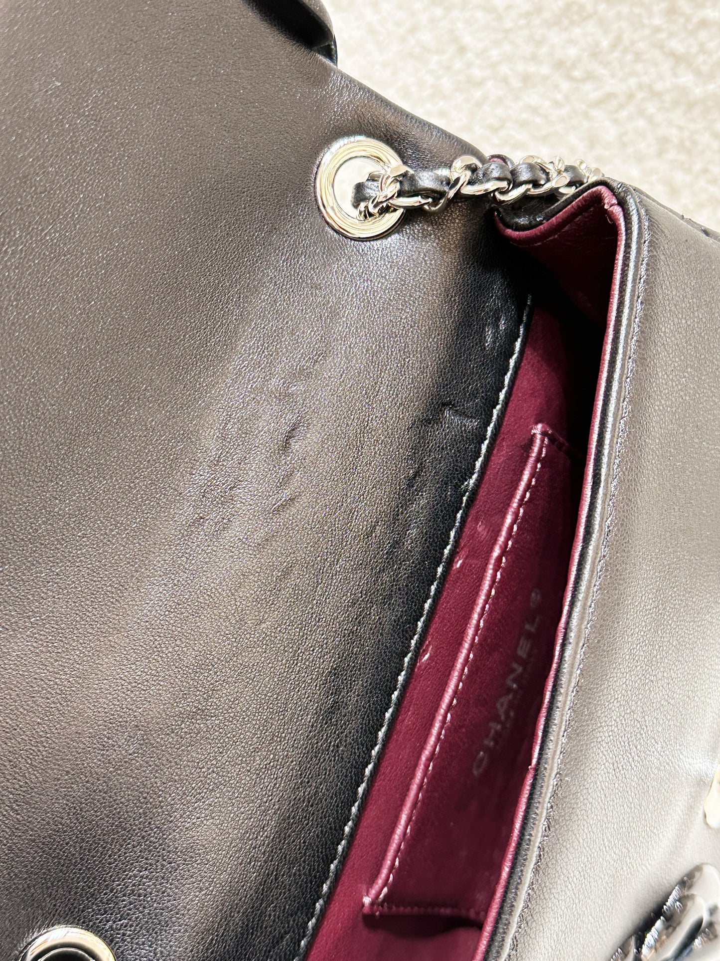 Chanel Camellia Lambskin Patent Around Flap Crossbody Bag Black 2246 holo card