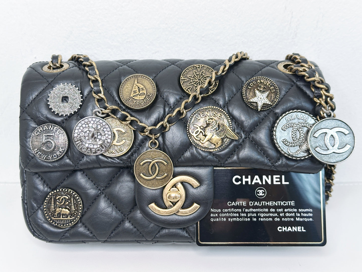 Chanel Mini Limited Edition Aged Calfskin Quilted Medallion Flap Black GHW 2063 holo card