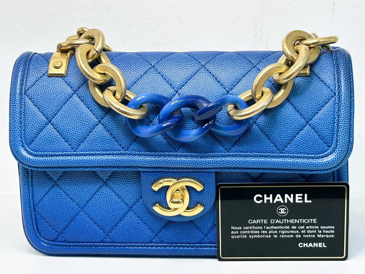 CHANEL Caviar Quilted Small Sunset On The Sea Flap Blue 2721 holo card