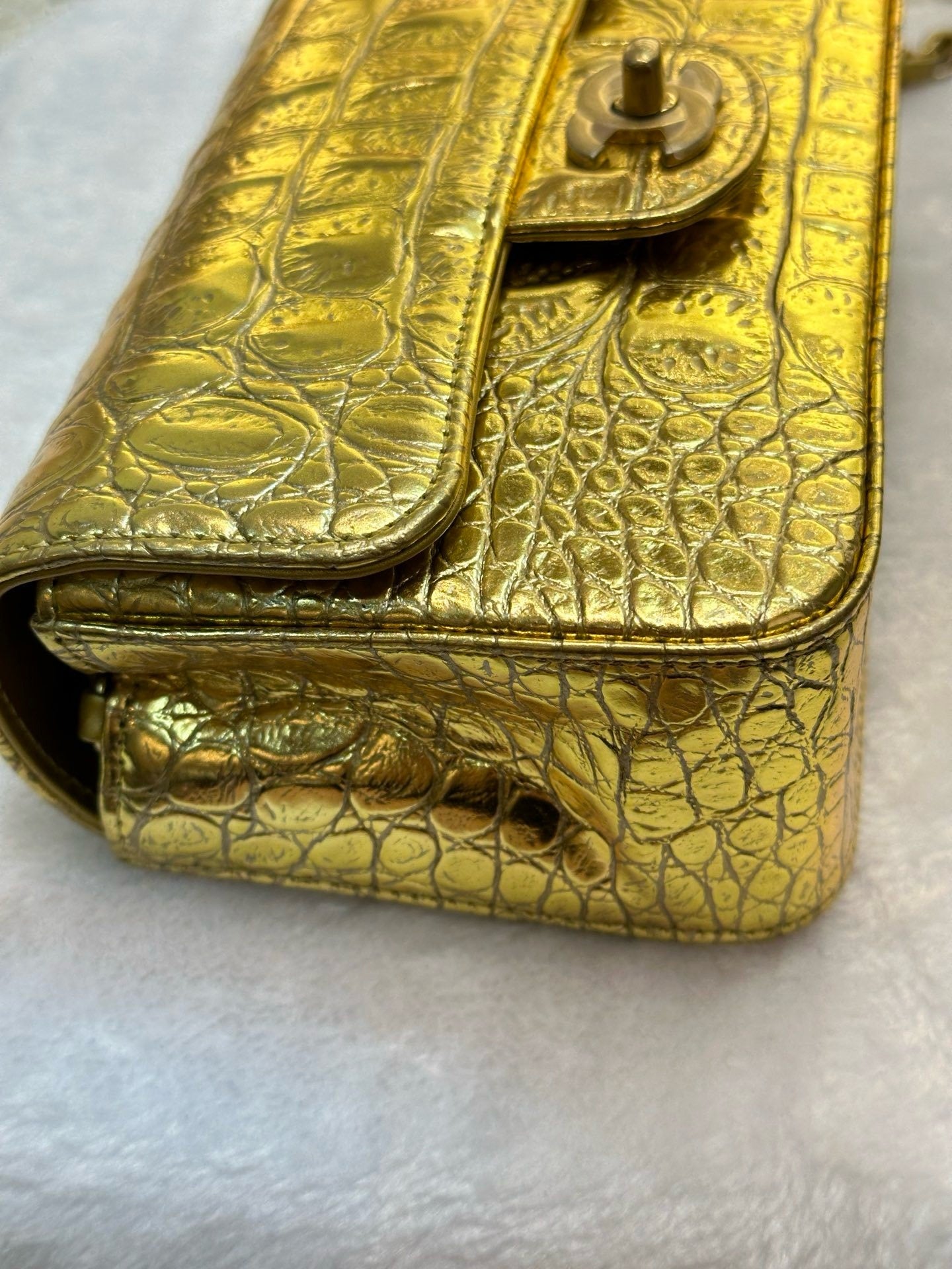 Chanel Mini Calfskin Crocodile Embossed Rectangular Gold Metallic Flap Bag