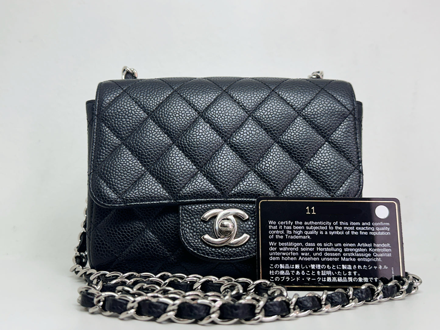Chanel Mini Square Classic Quilted Caviar Single Flap Bag Black SHW 1184 holo card