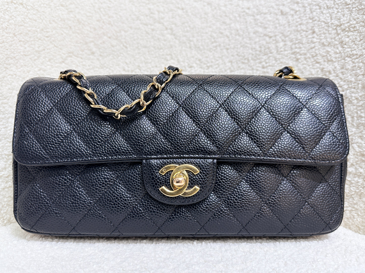 Chanel 24K Gold Caviar East West Flap Bag Black GHW 1273 holo card