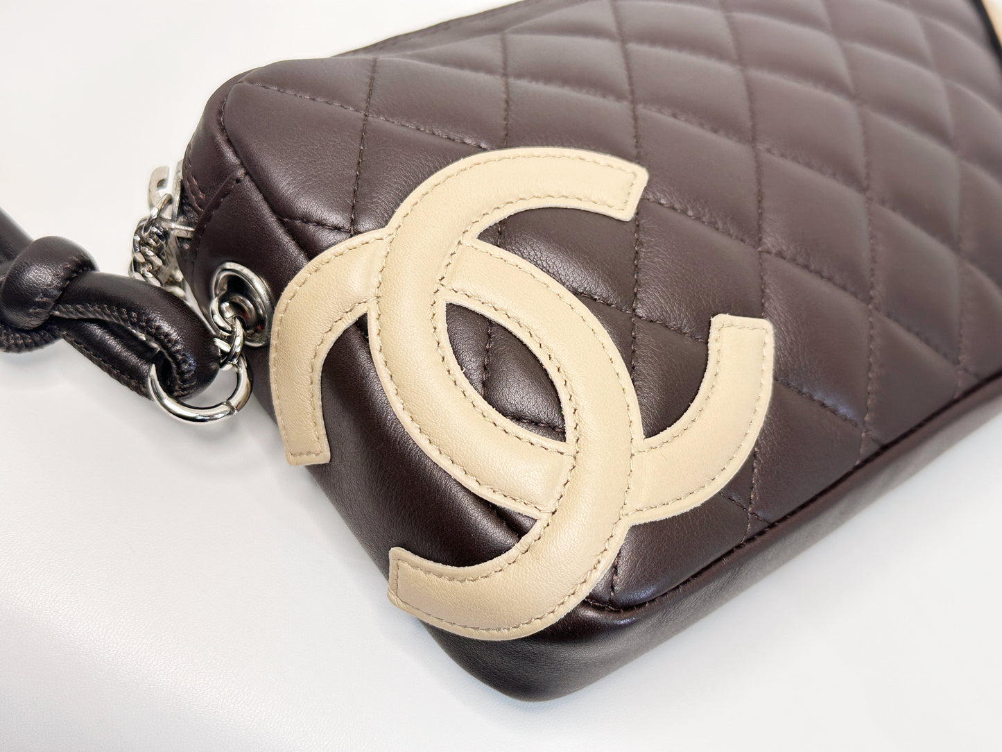 Chanel Calfskin Quilted Cambon Pochette Dark Brown 928 holo card