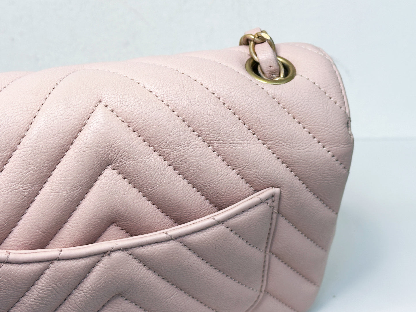 Chanel Classic Mini Rectangular 17C Light Pink Chevron Calfskin with brushed gold hardware 2383 holo card