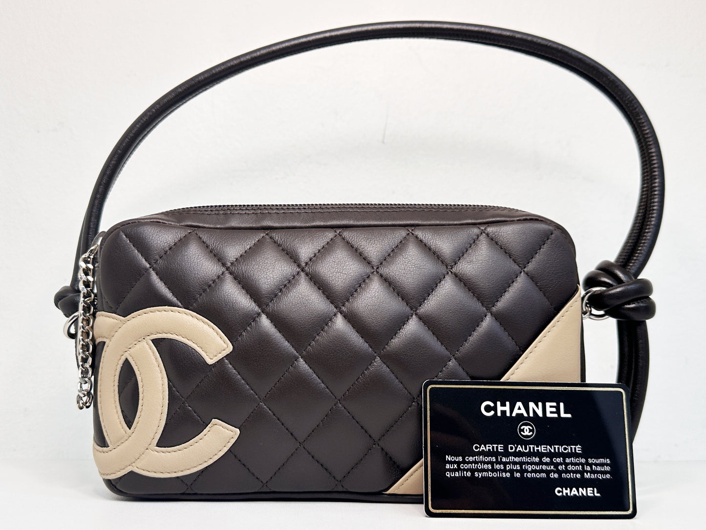 Chanel Calfskin Quilted Cambon Pochette Dark Brown 928 holo card