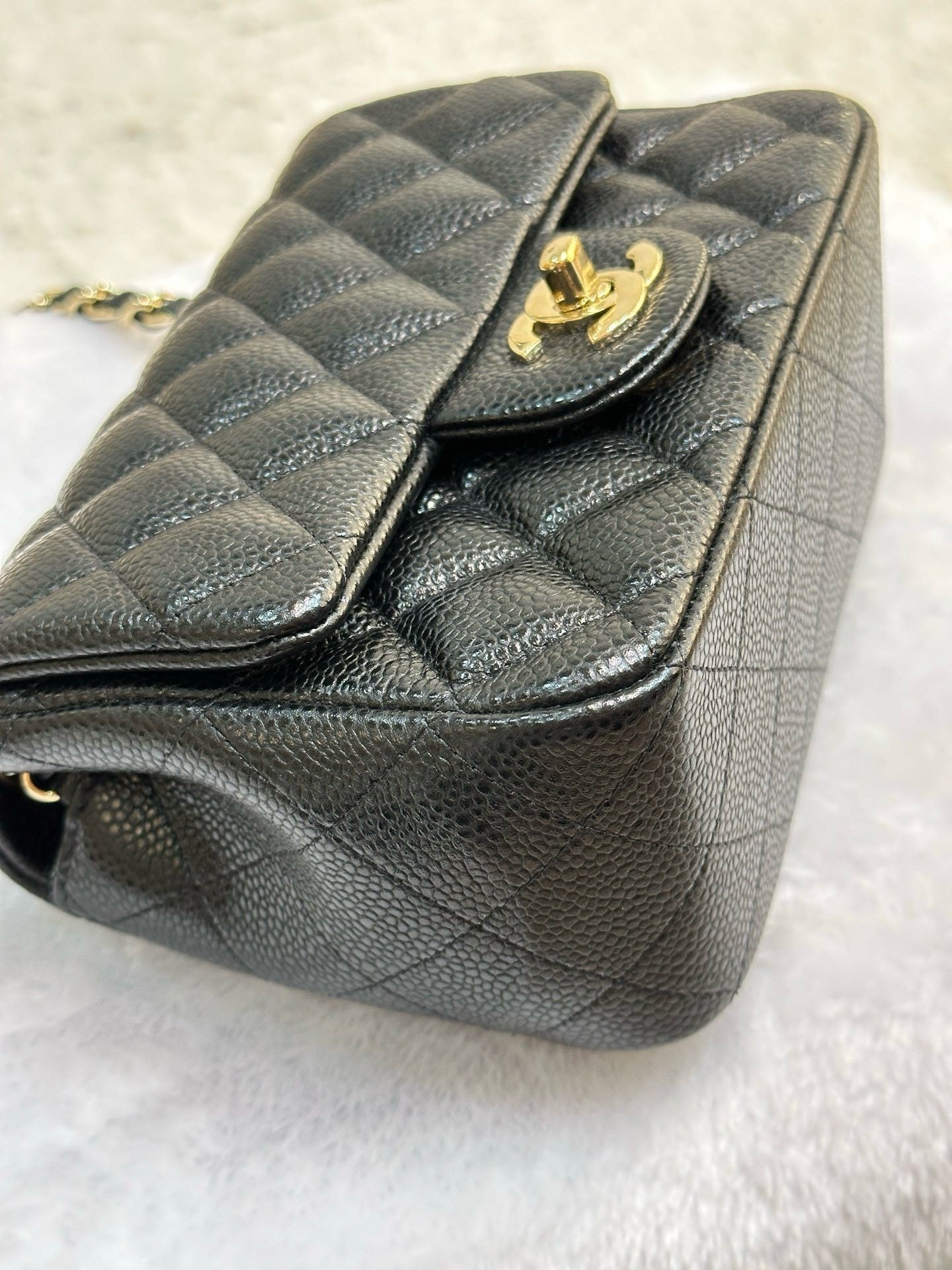 Chanel Mini Square Caviar Flap Bag Black GHW 25 holo card (Chain short than usual)