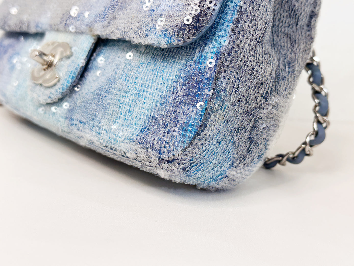Chanel Sequin Mini Waterfall Light Blue Flap Bag 2590 holo card