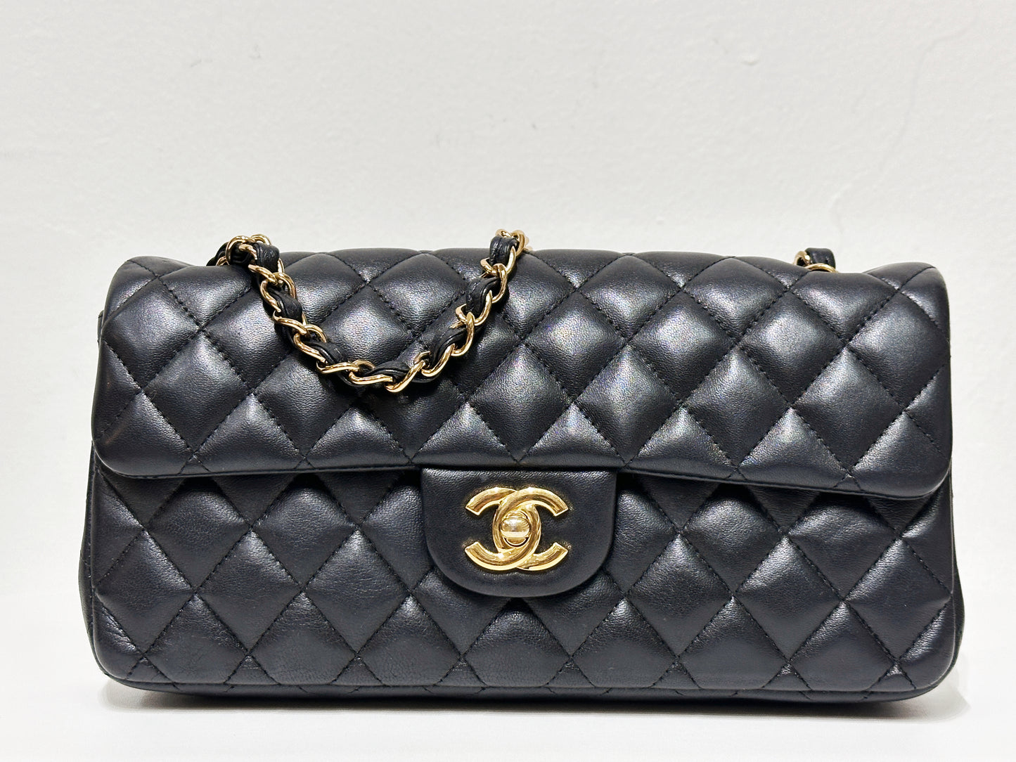 Chanel Lambskin East West Flap Bag Black GHW 1411 holo card