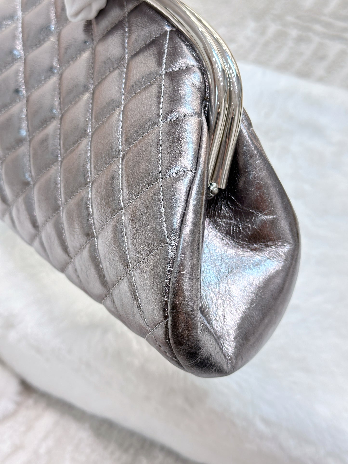 CHANEL Metallic Aged Calfskin Quilted Timeless Clutch Silver