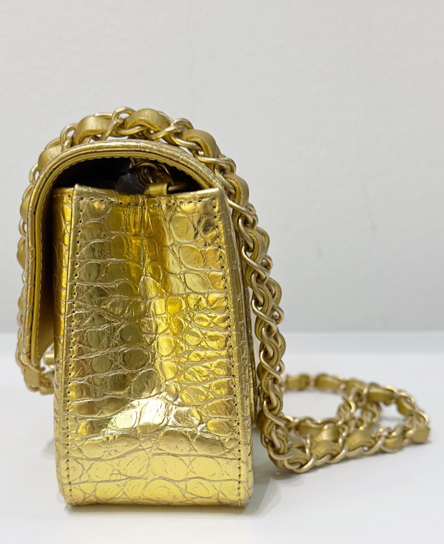 Chanel Mini Calfskin Crocodile Embossed Rectangular Gold Metallic Flap Bag